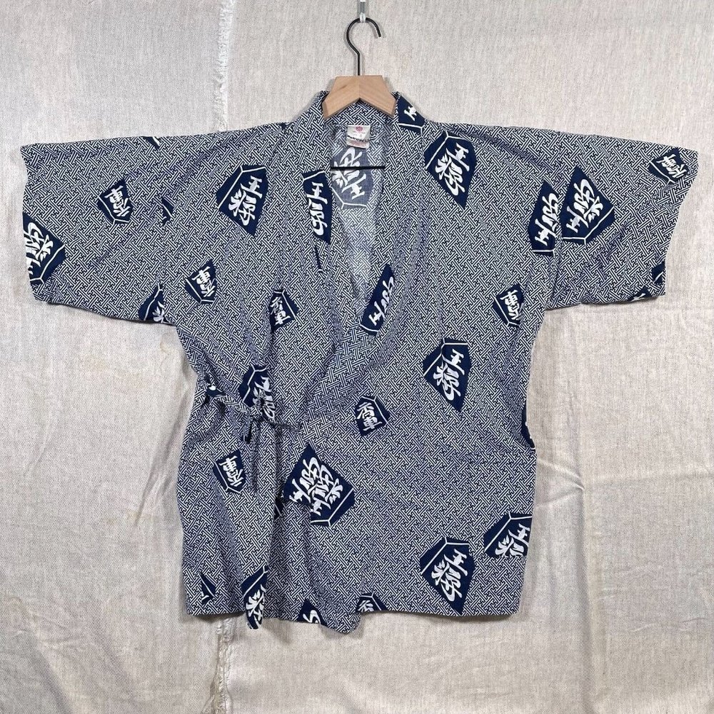 VTG 90s Sakurai Shoji Co. Kimono Noragi Blue White Geometric Shogi Tile Sz S